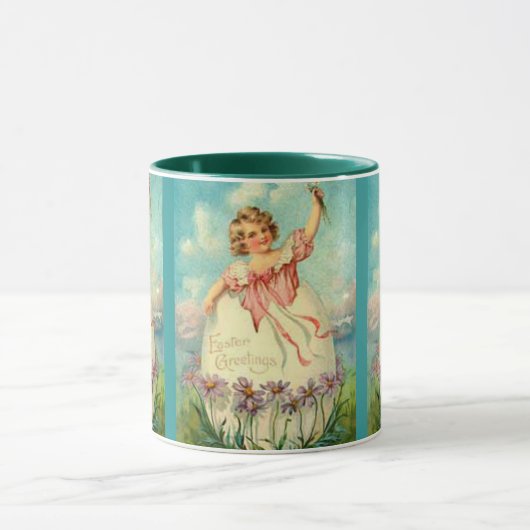 ヴィンテージのイースターガールが卵に座っている紫の花, ZSSG マグカップ (中央)