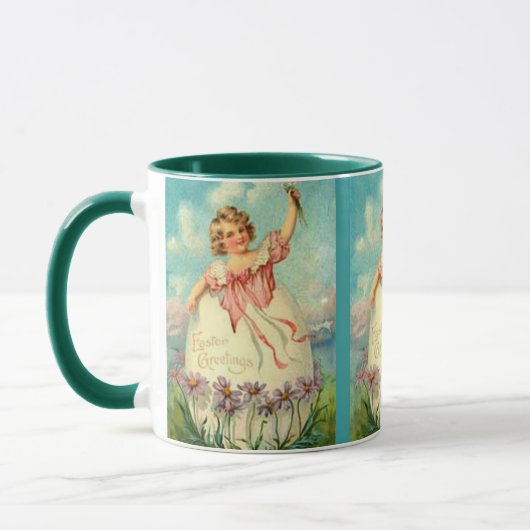 ヴィンテージのイースターガールが卵に座っている紫の花, ZSSG マグカップ (左)