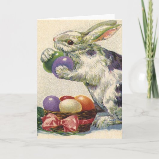 ヴィンテージのイースターバニーとバスケットのイースターエッグ シーズンカード (正面)