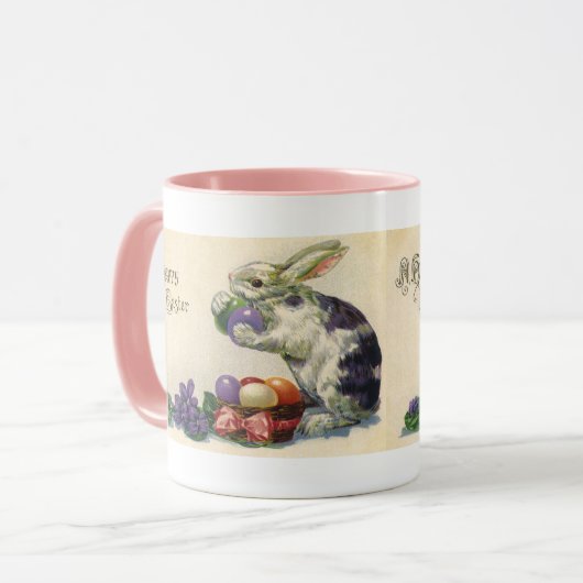 ヴィンテージのイースターバニーとバスケットのイースターエッグ マグカップ (正面左)