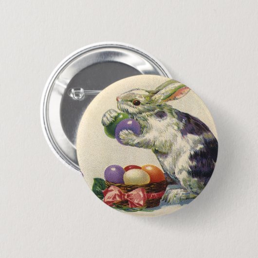 ヴィンテージのイースターバニーとバスケットのイースターエッグ 缶バッジ (正面&裏面)