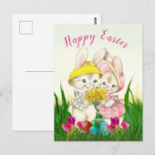 ヴィンテージのイースターバニーと花園のホリデー ポストカード (正面/裏面)