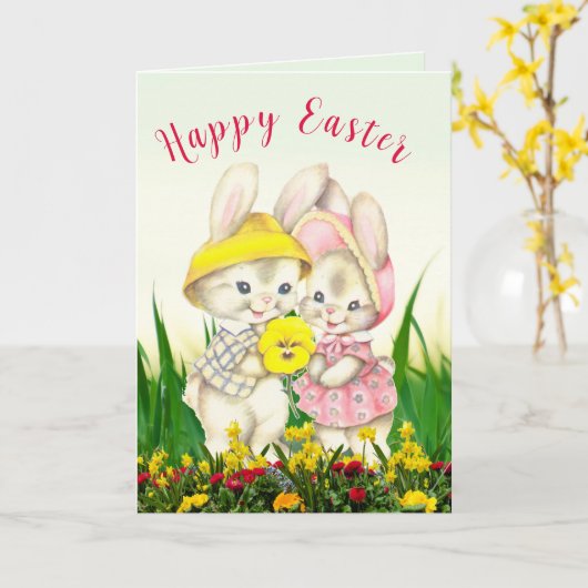 ヴィンテージのイースターバニーガール子供用折りたたみホリデーカード カード (黄色い花)
