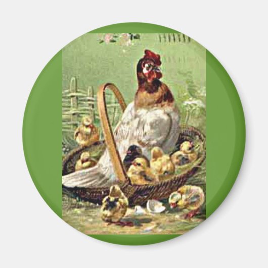 ヴィンテージのイースターヘンと雛のバスケット マグネット (正面)