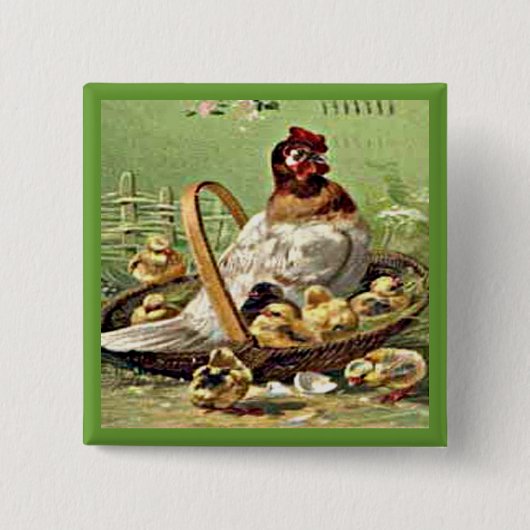 ヴィンテージのイースターヘンと雛のバスケット 缶バッジ (正面)
