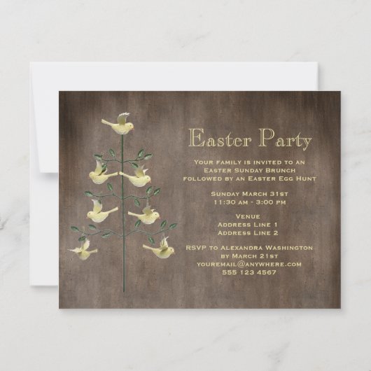 ヴィンテージのイースター素朴な木及び鳥のイースターパーティー 招待状 (裏面)