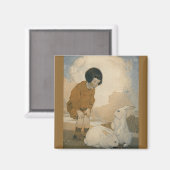 ヴィンテージのイースター、子供が白いうさぎと遊ぶ マグネット (正面/裏面)