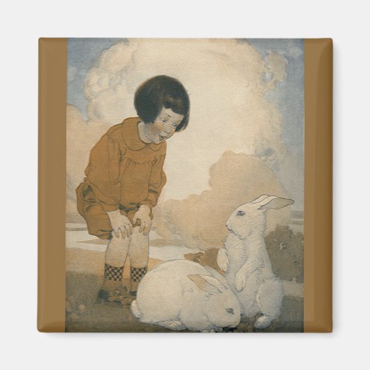 ヴィンテージのイースター、子供が白いうさぎと遊ぶ マグネット (正面)
