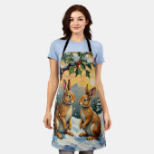 ヴィンテージのウサギがホリの木の下のクリスマス エプロン (着用した状態)