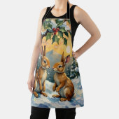 ヴィンテージのウサギがホリの木の下のクリスマス エプロン (インサイチュ)