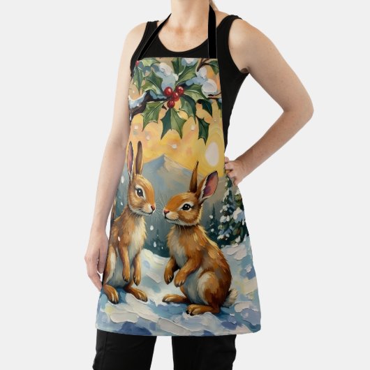 ヴィンテージのウサギがホリの木の下のクリスマス エプロン (インサイチュ)