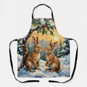 ヴィンテージのウサギがホリの木の下のクリスマス エプロン (正面)