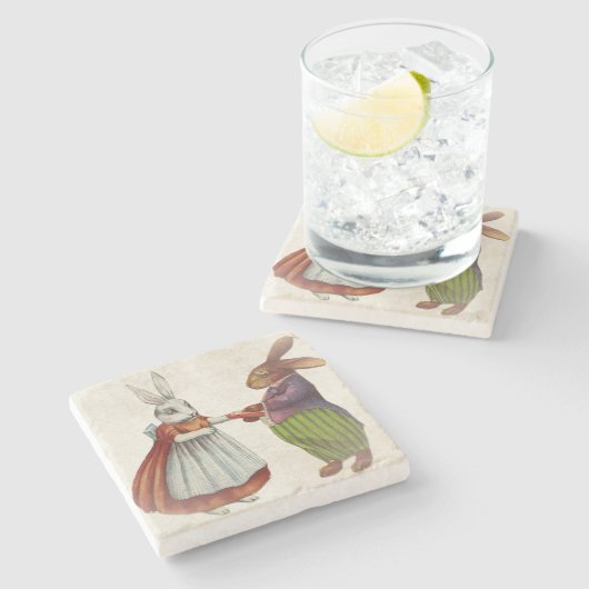 ヴィンテージのウサギビクトリアン夫婦 ストーンコースター (横)