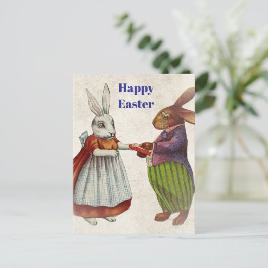 ヴィンテージのウサギビクトリアン夫婦 ポストカード (スタンド正面)