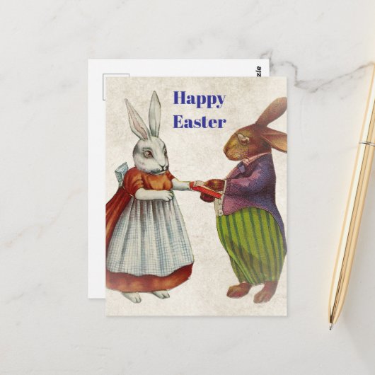 ヴィンテージのウサギビクトリアン夫婦 ポストカード (正面/裏面インサイチュ)