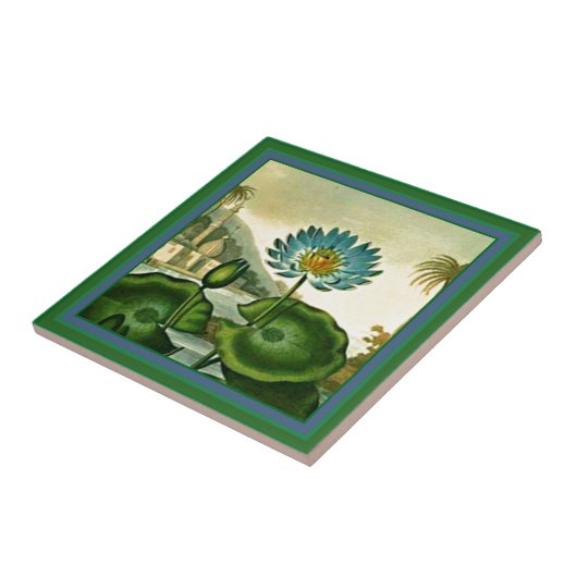 ヴィンテージのエジプトの青のはすの花の緑の葉 タイル (側面)