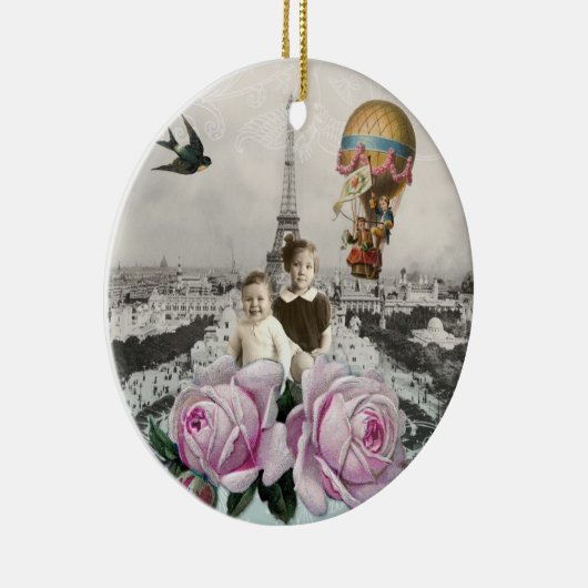 ヴィンテージのエッフェル塔のピンクのバラの熱気の気球 セラミックオーナメント (右)