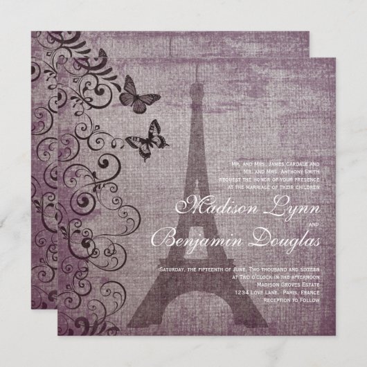 ヴィンテージのエッフェル塔の蝶結婚式招待状 招待状 (正面/裏面)