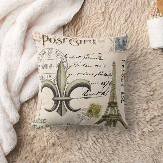 ヴィンテージのエッフェル塔の郵便はがきの枕 クッション (ブランケット)