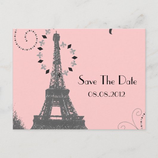 ヴィンテージのエッフェル塔 パリの結婚式 Save the Date 案内ポストカード (正面)