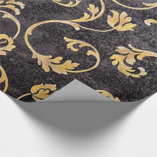 ヴィンテージのエレガントでシックな黒および金ゴールドの花柄のダマスク織 ラッピングペーパー (角)
