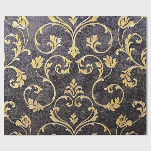ヴィンテージのエレガントでシックな黒および金ゴールドの花柄のダマスク織 ラッピングペーパー (フラット)