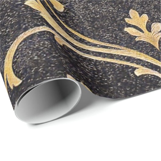 ヴィンテージのエレガントでシックな黒および金ゴールドの花柄のダマスク織 ラッピングペーパー (ロールコーナー)