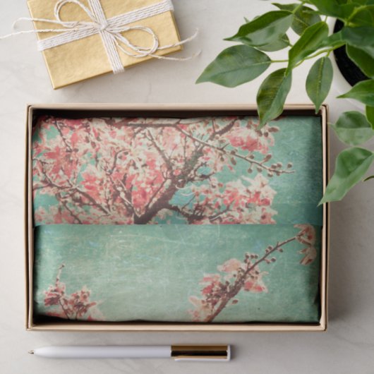 ヴィンテージのエレガントで擦り切れたなティール（緑がかった色）木及び桜 薄葉紙 (ギフト)