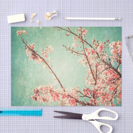 ヴィンテージのエレガントで擦り切れたなティール（緑がかった色）木及び桜 薄葉紙 (クラフト)