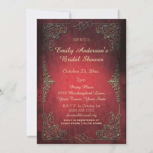ヴィンテージのエレガントで豪奢な金ゴールド及び赤いブライダルシャワー 招待状 (正面)