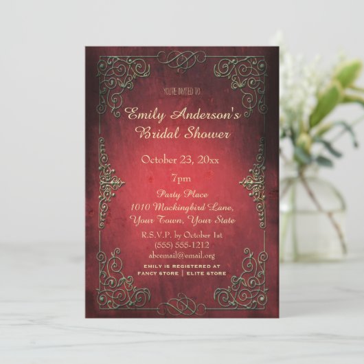 ヴィンテージのエレガントで豪奢な金ゴールド及び赤いブライダルシャワー 招待状 (スタンド正面)