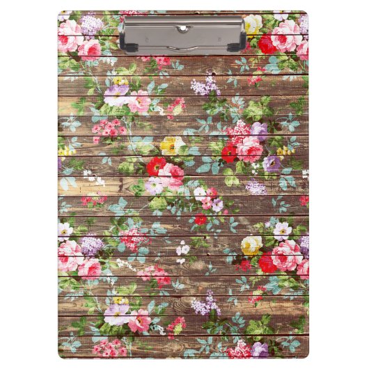 ヴィンテージのエレガントなピンクのバラのブラウンの木製の写真のプリント クリップボード (正面)