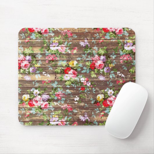 ヴィンテージのエレガントなピンクのバラのブラウンの木製の写真のプリント マウスパッド (マウス)