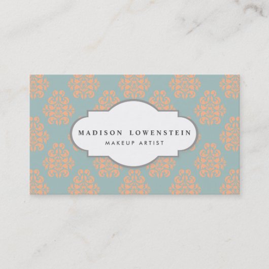 ヴィンテージのエレガントなモモのダマスク織パターンティール（緑がかった色）の青 名刺 (正面)