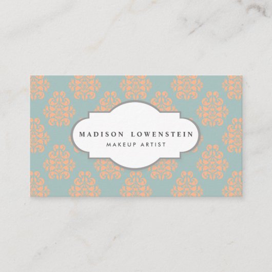 ヴィンテージのエレガントなモモのダマスク織パターンティール（緑がかった色）の青 名刺 (正面)