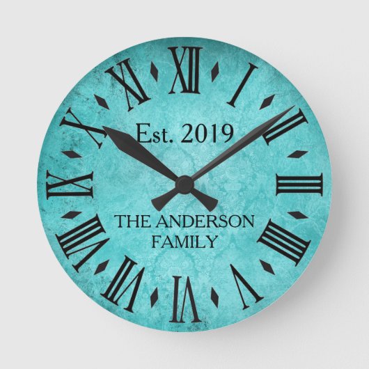 ヴィンテージのエレガントな姓のローマ数字のティール（緑がかった色） ラウンド壁時計 (正面)