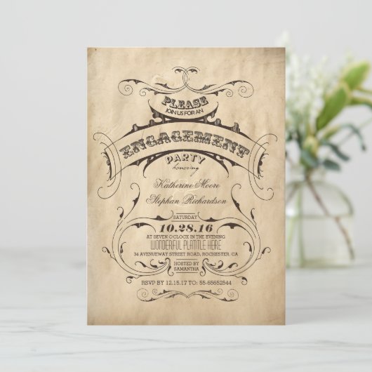 ヴィンテージのエレガントな婚約パーティの招待状 招待状 (スタンド正面)