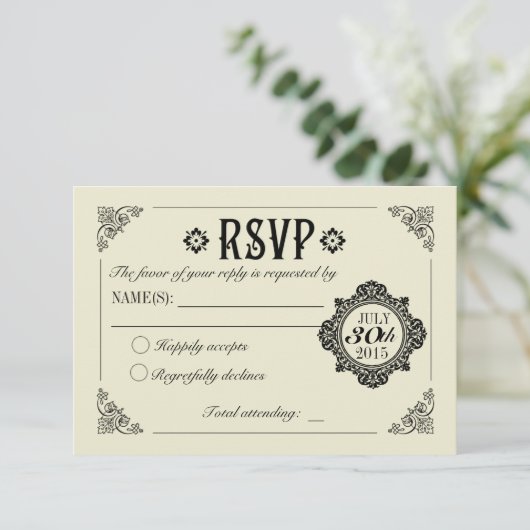 ヴィンテージのエレガントな結婚式招待状RSVP 出欠カード (スタンド正面)