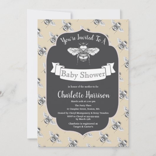 ヴィンテージのエレガントな蜂のベビーシャワー 招待状 (正面)