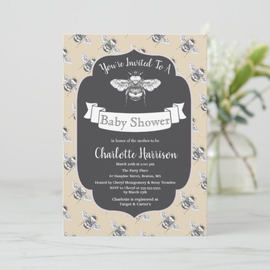 ヴィンテージのエレガントな蜂のベビーシャワー 招待状 (スタンド正面)