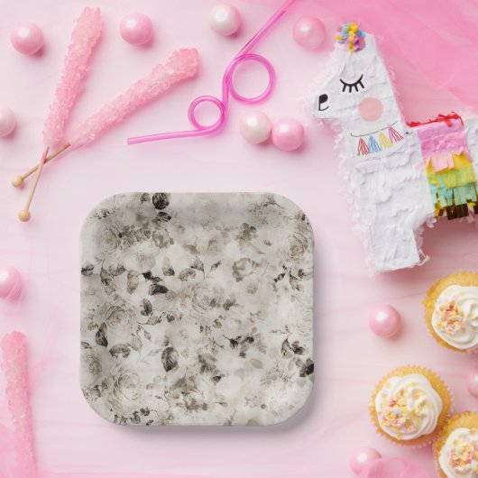 ヴィンテージのエレガントみすぼらしい白い灰色のバラフローラ ペーパープレート (パーティー)