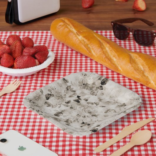 ヴィンテージのエレガントみすぼらしい白い灰色のバラフローラ ペーパープレート (ピクニック)