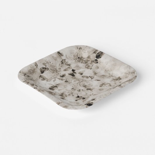 ヴィンテージのエレガントみすぼらしい白い灰色のバラフローラ ペーパープレート (傾斜あり)