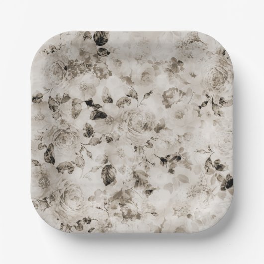 ヴィンテージのエレガントみすぼらしい白い灰色のバラフローラ ペーパープレート (正面)