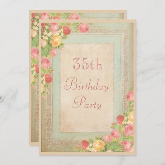 ヴィンテージのエレガントバラ35歳の誕生日パーティー 招待状 (正面/裏面)