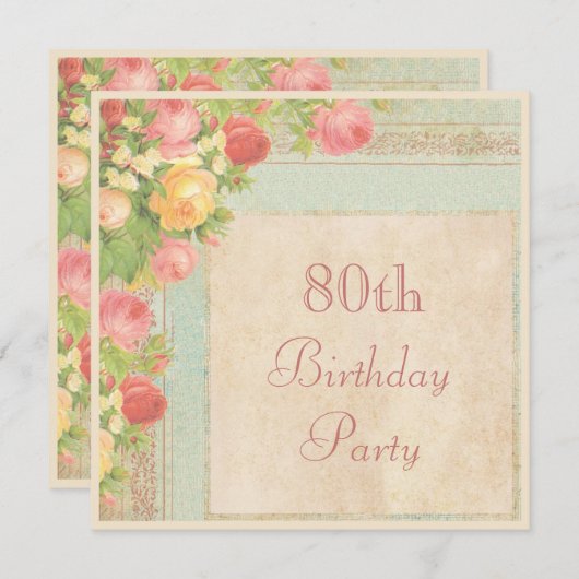 ヴィンテージのエレガントバラ80歳誕生日パーティー 招待状 (正面/裏面)