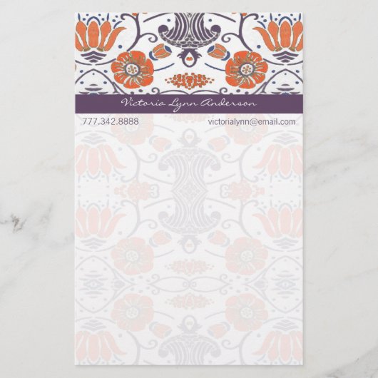 ヴィンテージのオレンジと紫の渦巻形のフローラ 便箋 (正面)