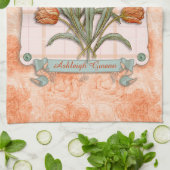 ヴィンテージのオレンジチューリップのモモのピンクの格子縞のニースのリボン キッチンタオル (折り畳み)