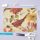 ヴィンテージのオレンジ白い花の赤い鳥のトンボ 薄葉紙 (クラフト)