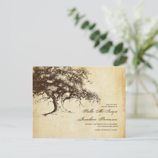 ヴィンテージのオークの木の保存日付の結婚式 セーブザデート (スタンド正面)